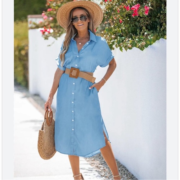 NWT Cupshe Dress Ashtyn Chambray Denim Blue Button Down Pockets Medium New - Picture 3 of 9